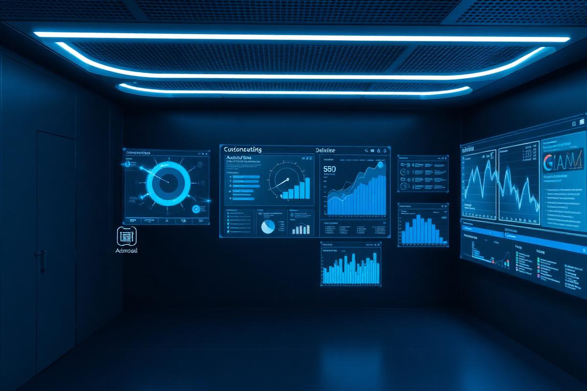 Modern tech workspace with automation dashboards